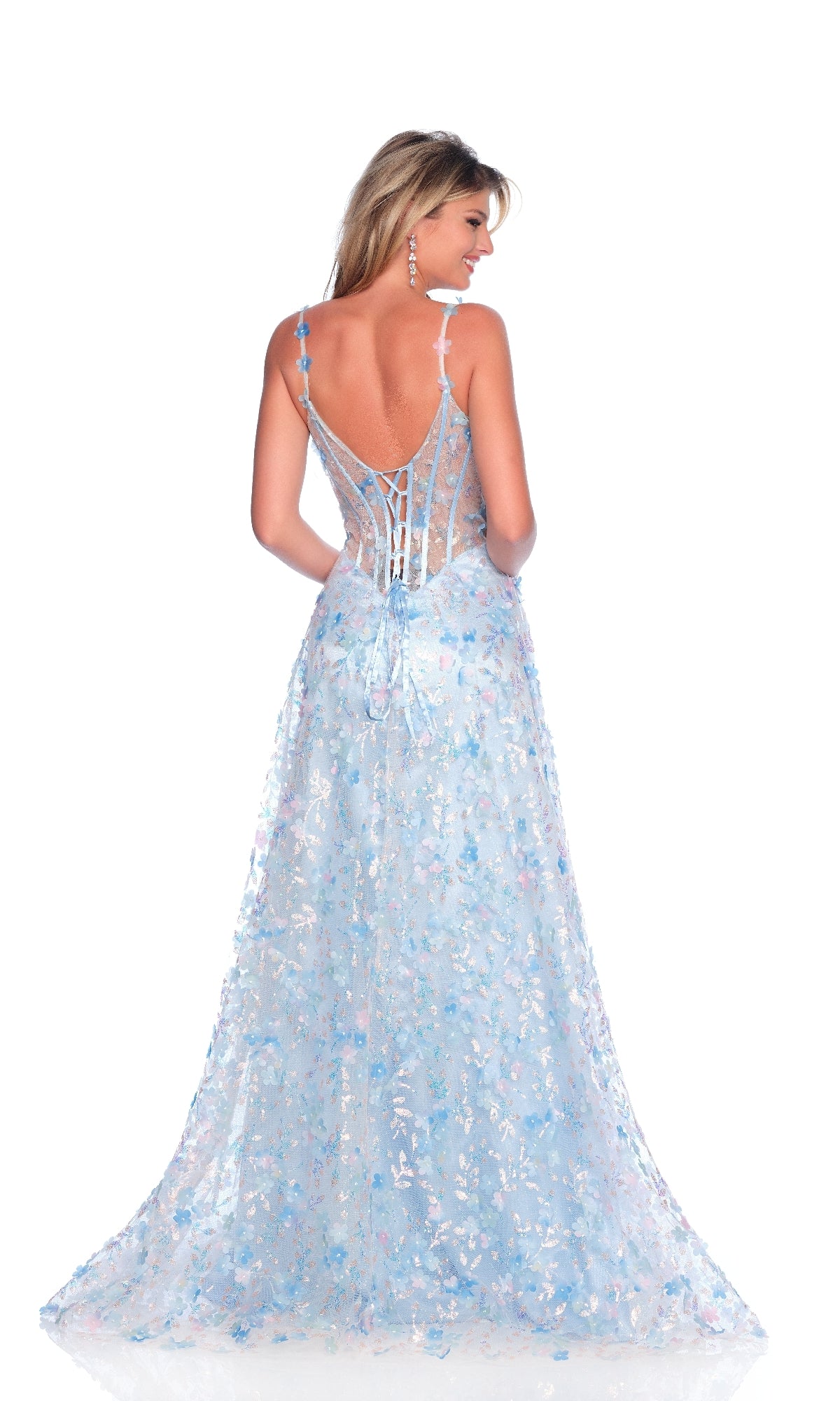 A woman, facing away from the camera against a white background, wears the Dave & Johnny 12017 Ice Blue A-Line Prom Dress featuring floral embroidery and a sheer lace-up back.